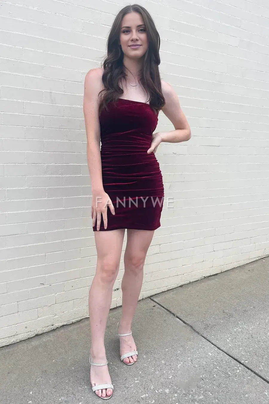 FannyWe Elegant Wine Red Velvet Strapless Short Homecoming Dress formal wear dresses